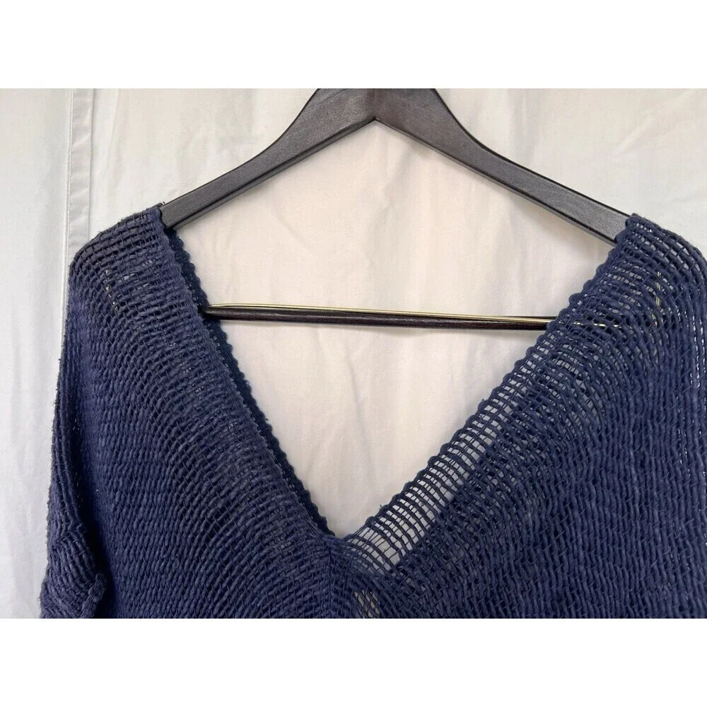 Monserat De Lucca Navy Open Weave Knit Tunic Cover-Up Fringe Hem Boho Resort OS